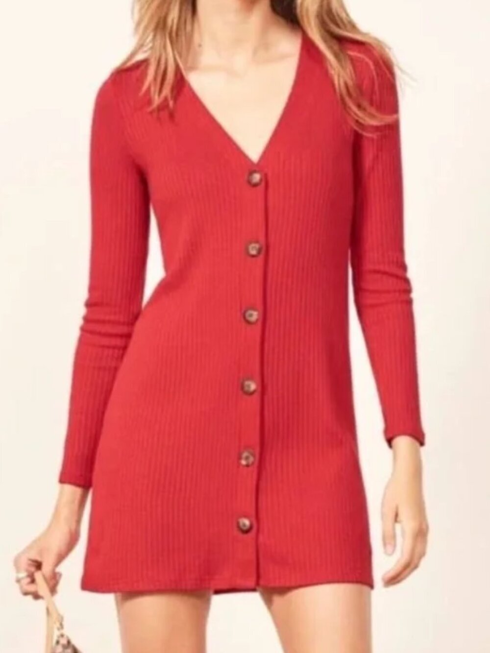 Reformation Agatha Bright Red Ribbed Long-Sleeve Mini Dress Size Small